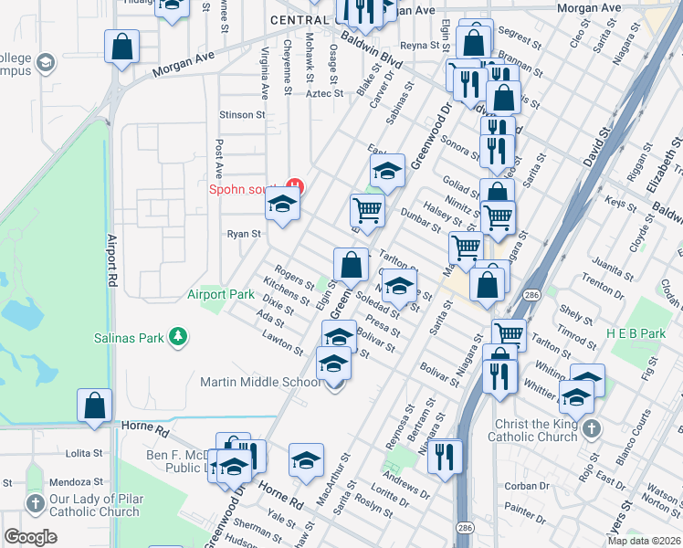 map of restaurants, bars, coffee shops, grocery stores, and more near 2724 Rogers Street in Corpus Christi