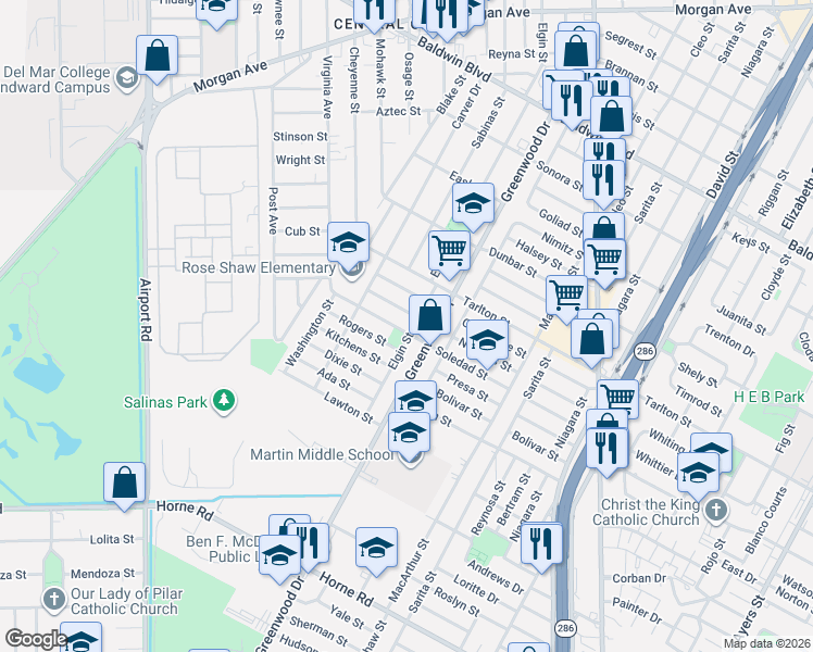 map of restaurants, bars, coffee shops, grocery stores, and more near 2724 Rogers Street in Corpus Christi