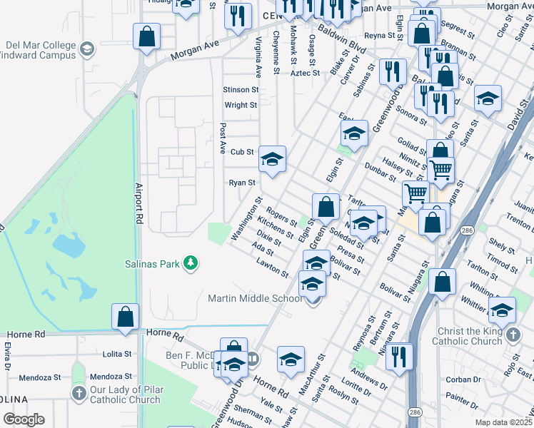 map of restaurants, bars, coffee shops, grocery stores, and more near 2913 Kitchens Street in Corpus Christi