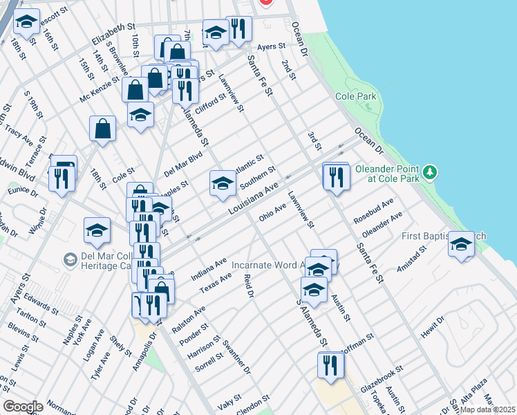 map of restaurants, bars, coffee shops, grocery stores, and more near 453 Louisiana Avenue in Corpus Christi