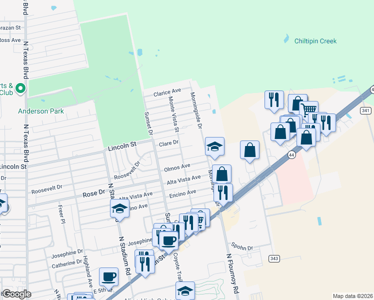 map of restaurants, bars, coffee shops, grocery stores, and more near 1520 Monte Vista Street in Alice