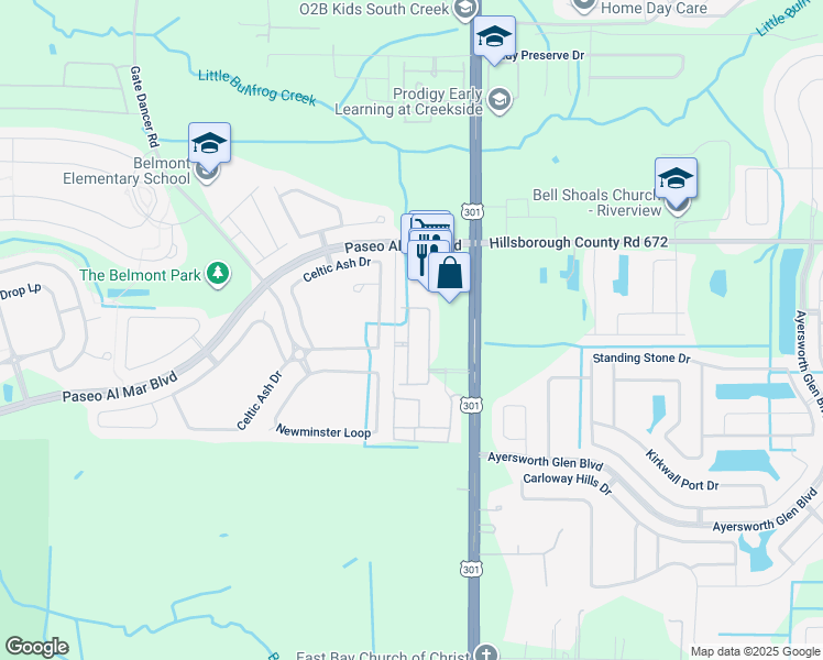 map of restaurants, bars, coffee shops, grocery stores, and more near 10143 Celtic Ash Drive in Ruskin