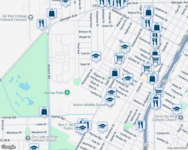 map of restaurants, bars, coffee shops, grocery stores, and more near 2913 Kitchens Street in Corpus Christi