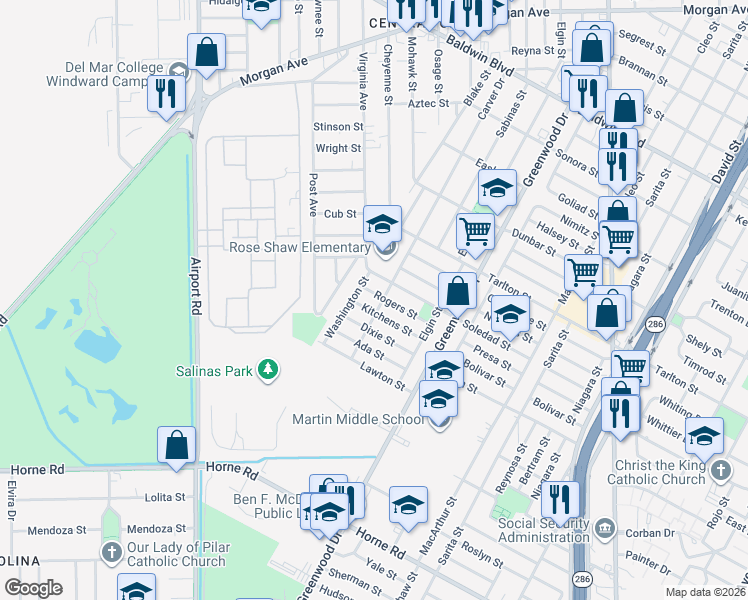 map of restaurants, bars, coffee shops, grocery stores, and more near 2913 Kitchens Street in Corpus Christi