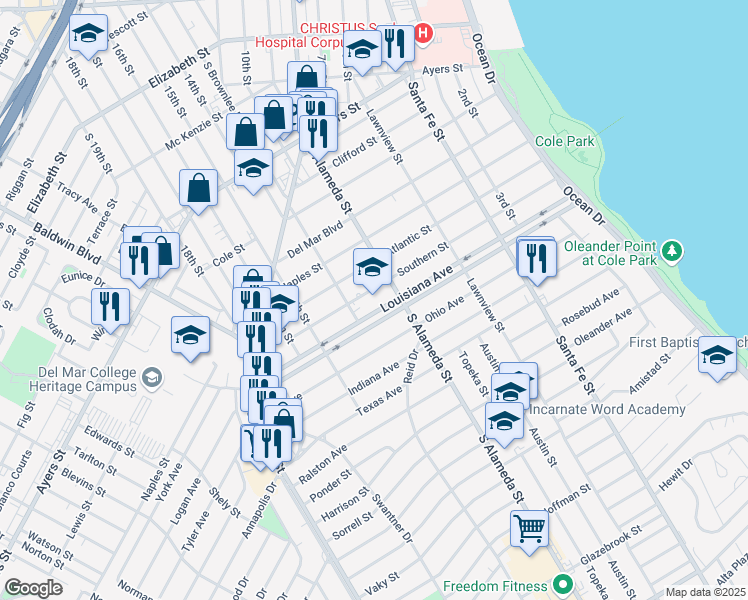 map of restaurants, bars, coffee shops, grocery stores, and more near 2401 South Alameda Street in Corpus Christi