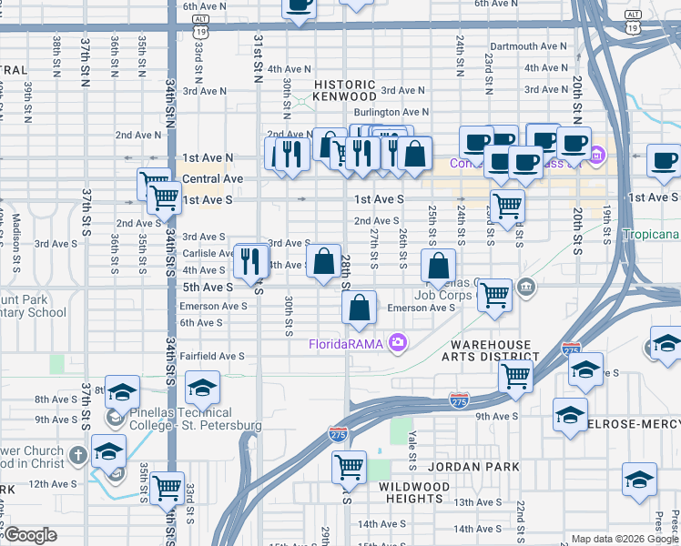 map of restaurants, bars, coffee shops, grocery stores, and more near 5th Avenue South in St. Petersburg