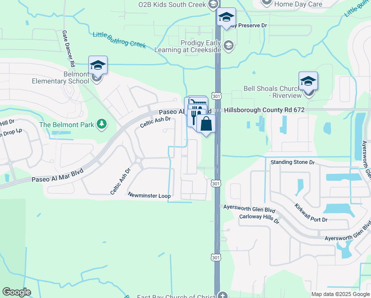 map of restaurants, bars, coffee shops, grocery stores, and more near 10143 Celtic Ash Drive in Ruskin