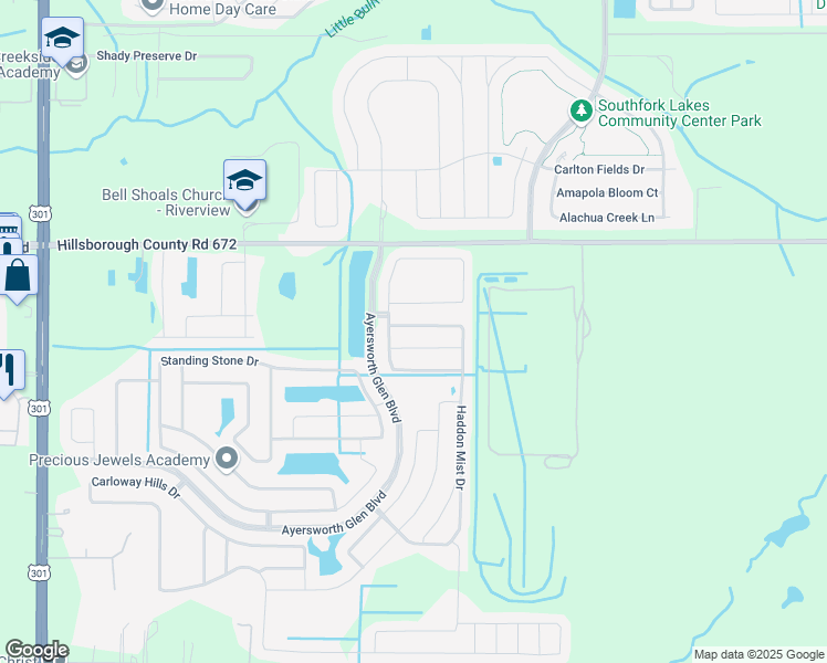 map of restaurants, bars, coffee shops, grocery stores, and more near 14311 Haddon Mist Drive in Wimauma