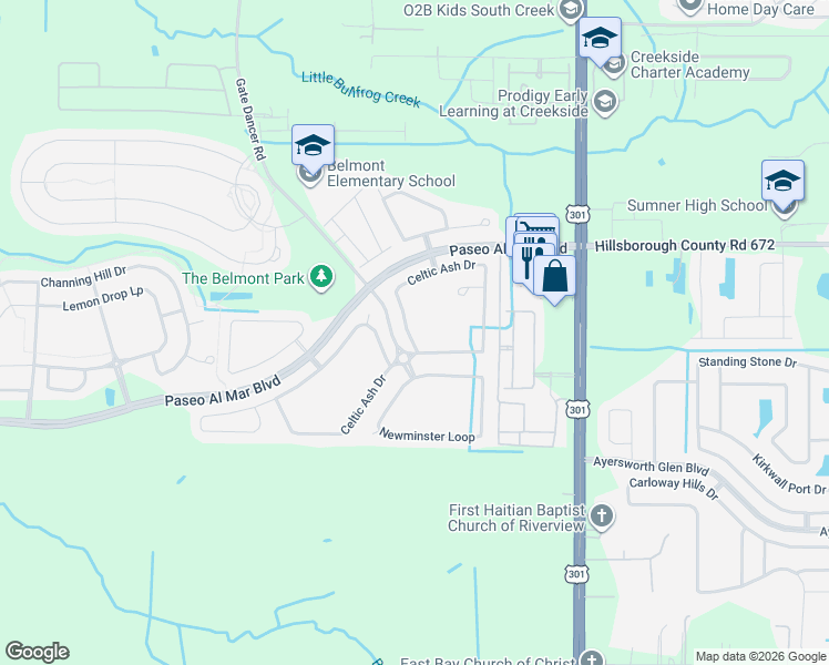 map of restaurants, bars, coffee shops, grocery stores, and more near 10346 Celtic Ash Drive in Ruskin