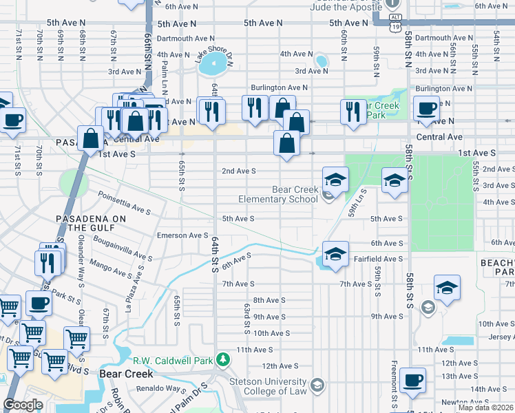 map of restaurants, bars, coffee shops, grocery stores, and more near 6283 5th Avenue South in St. Petersburg