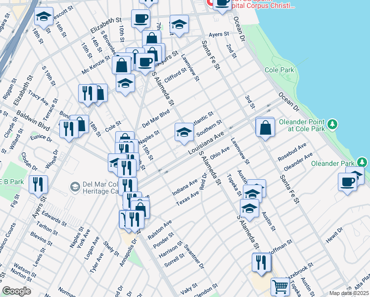 map of restaurants, bars, coffee shops, grocery stores, and more near 2401 South Alameda Street in Corpus Christi