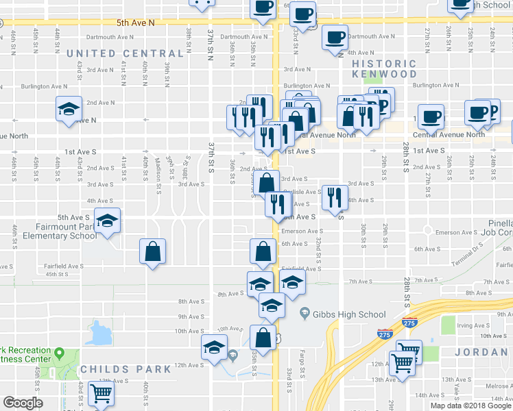 map of restaurants, bars, coffee shops, grocery stores, and more near 3401 5th Avenue South in St. Petersburg