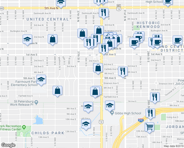 map of restaurants, bars, coffee shops, grocery stores, and more near 3539 5th Avenue South in St. Petersburg