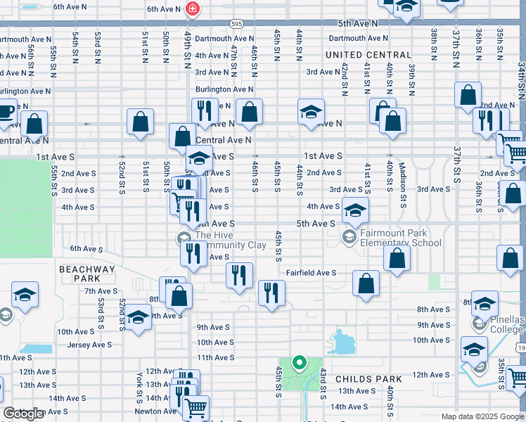 map of restaurants, bars, coffee shops, grocery stores, and more near 4519 5th Avenue South in St. Petersburg