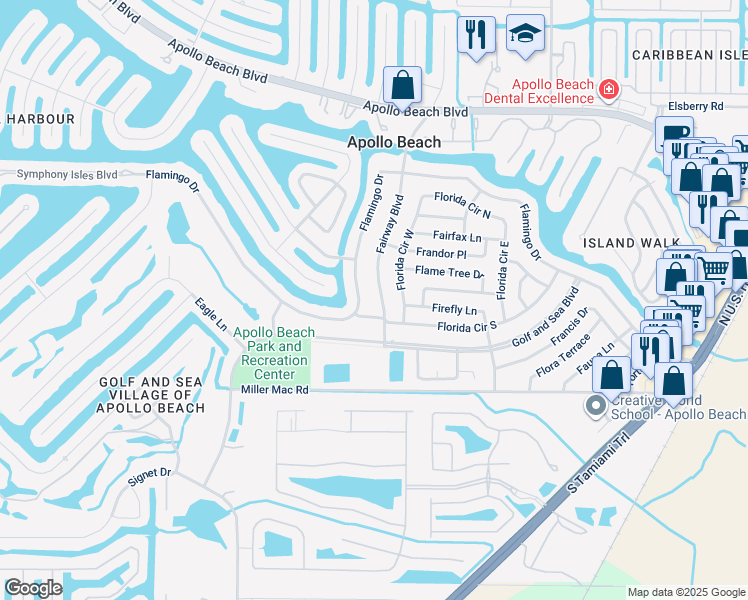 map of restaurants, bars, coffee shops, grocery stores, and more near 605 Florida Circle West in Apollo Beach