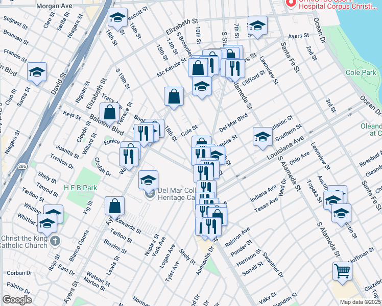 map of restaurants, bars, coffee shops, grocery stores, and more near 2050 18th Street in Corpus Christi