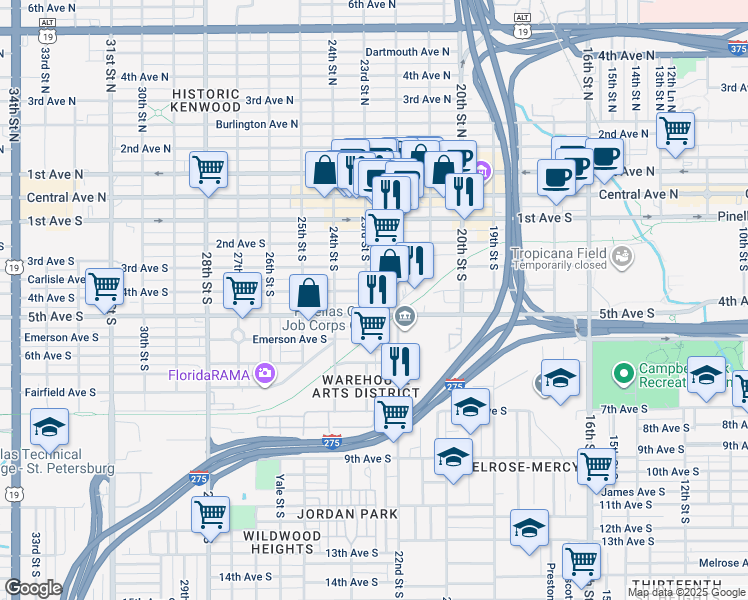 map of restaurants, bars, coffee shops, grocery stores, and more near 2232 5th Ave S in St Petersburg
