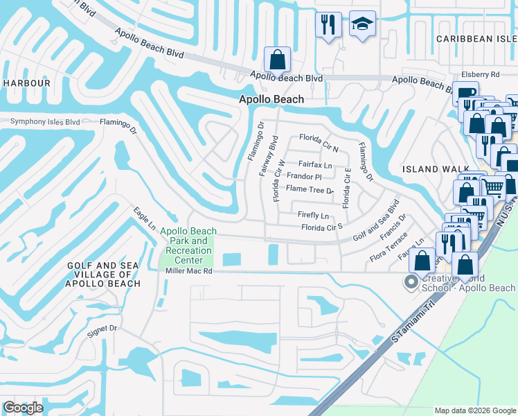 map of restaurants, bars, coffee shops, grocery stores, and more near 6208 Fairway Boulevard in Apollo Beach