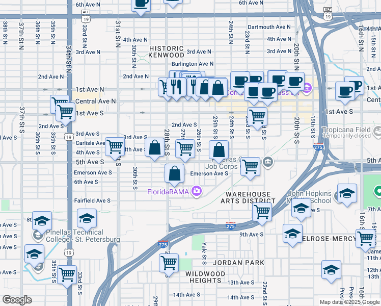 map of restaurants, bars, coffee shops, grocery stores, and more near 2635 5th Avenue South in St. Petersburg