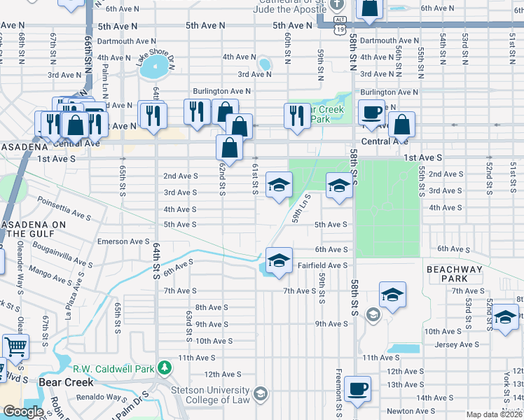 map of restaurants, bars, coffee shops, grocery stores, and more near 350 61st Street South in St. Petersburg