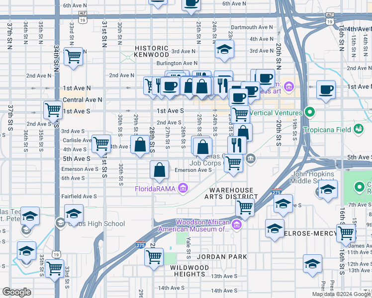 map of restaurants, bars, coffee shops, grocery stores, and more near 2534 5th Avenue South in St. Petersburg