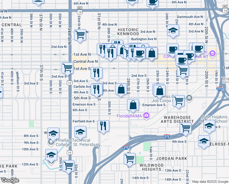 map of restaurants, bars, coffee shops, grocery stores, and more near 416 29th Street South in St. Petersburg