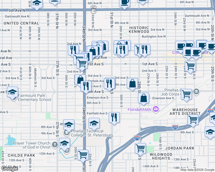 map of restaurants, bars, coffee shops, grocery stores, and more near 3100 5th Avenue South in St. Petersburg