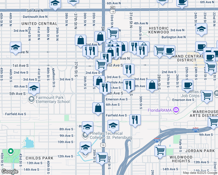 map of restaurants, bars, coffee shops, grocery stores, and more near 3301 5th Avenue South in St. Petersburg