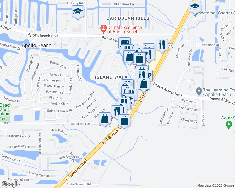 map of restaurants, bars, coffee shops, grocery stores, and more near 229 Lookout Drive in Apollo Beach