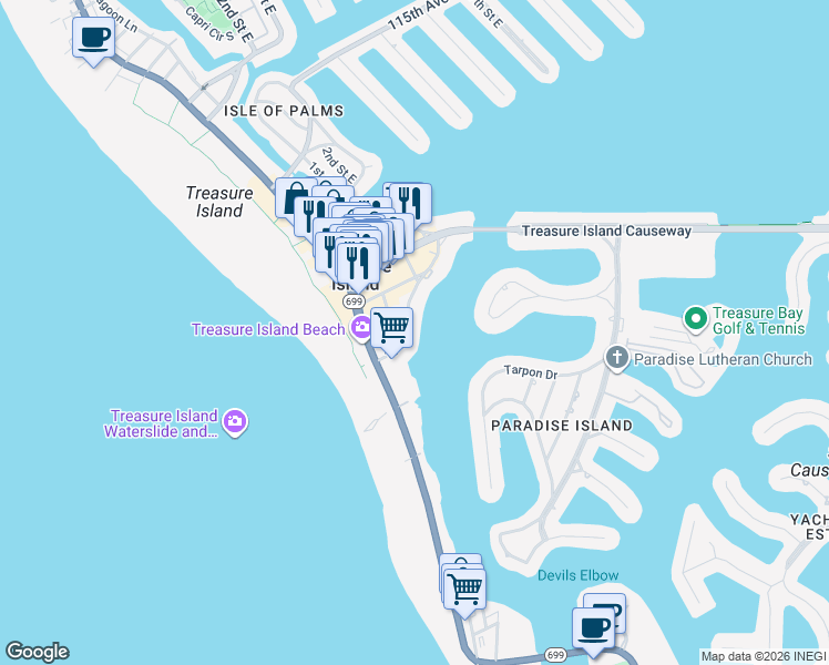 map of restaurants, bars, coffee shops, grocery stores, and more near 117 104th Avenue in Treasure Island