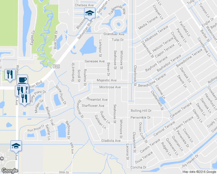 map of restaurants, bars, coffee shops, grocery stores, and more near Montrose Avenue in Sebastian