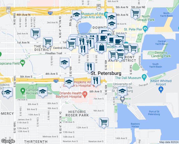 map of restaurants, bars, coffee shops, grocery stores, and more near 545 4th Avenue South in St. Petersburg