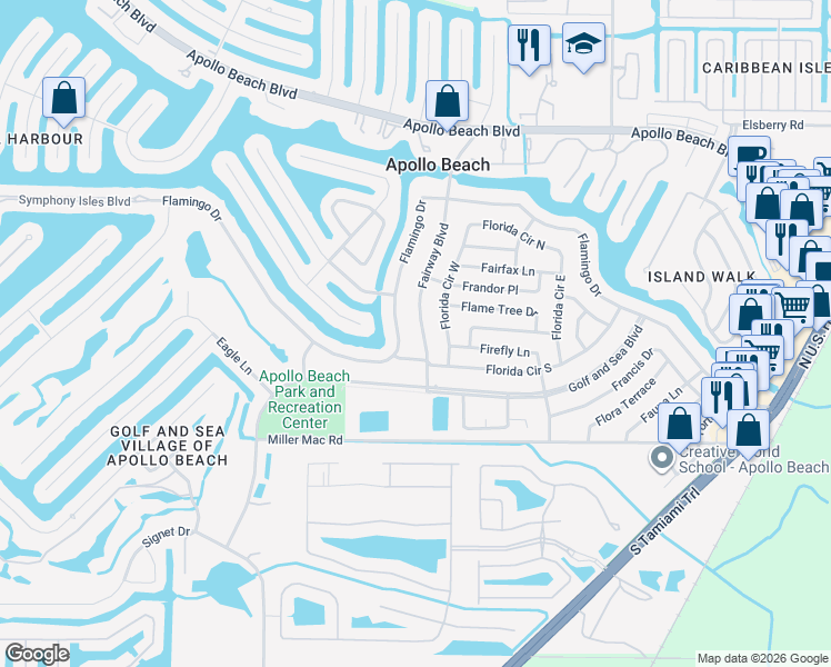 map of restaurants, bars, coffee shops, grocery stores, and more near 6212 Fairway Boulevard in Apollo Beach