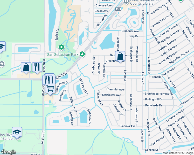 map of restaurants, bars, coffee shops, grocery stores, and more near 1379 Scroll Street in Sebastian