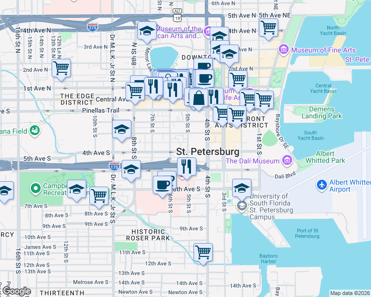 map of restaurants, bars, coffee shops, grocery stores, and more near 357 5th Street South in St. Petersburg