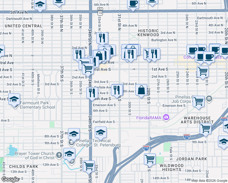 map of restaurants, bars, coffee shops, grocery stores, and more near 3100 3rd Avenue South in St. Petersburg