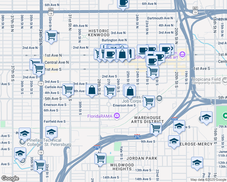 map of restaurants, bars, coffee shops, grocery stores, and more near 2648 3rd Avenue South in St. Petersburg