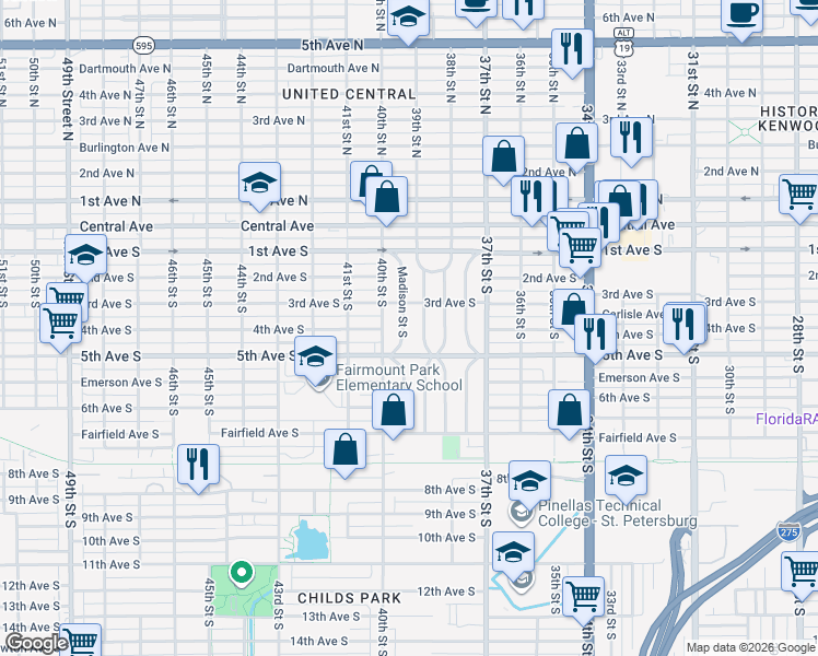 map of restaurants, bars, coffee shops, grocery stores, and more near 301 39th Street South in Saint Petersburg