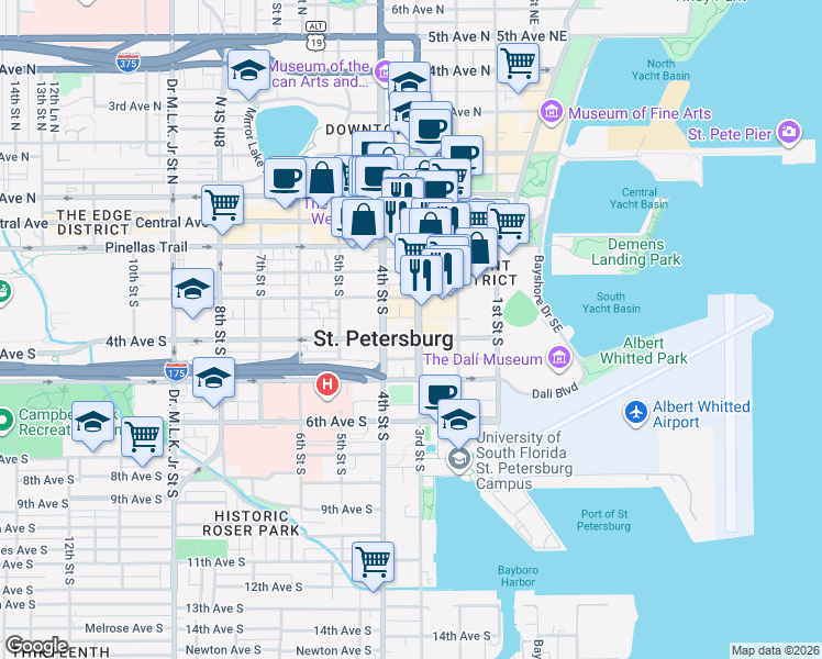 map of restaurants, bars, coffee shops, grocery stores, and more near 340 4th Street South in St. Petersburg