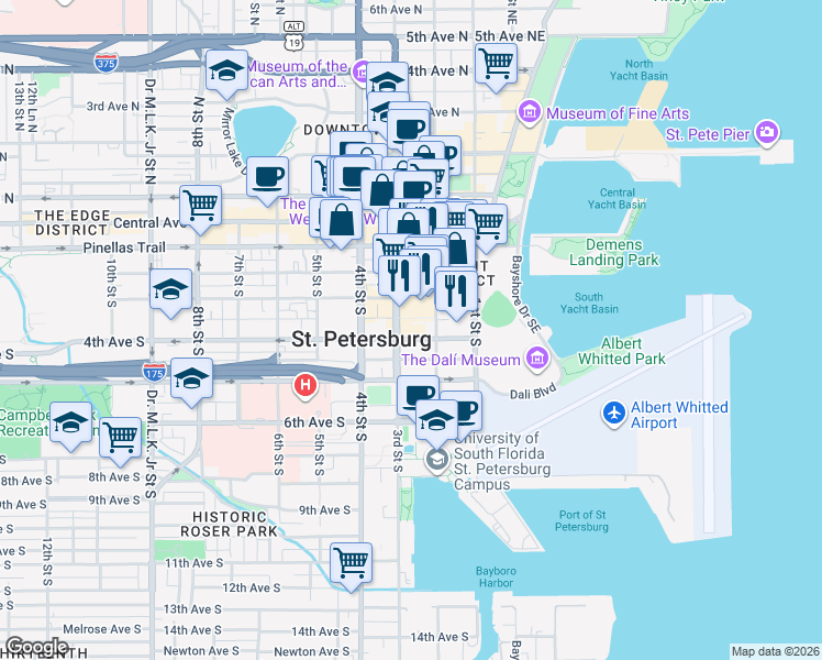 map of restaurants, bars, coffee shops, grocery stores, and more near 330 3rd Street South in St. Petersburg