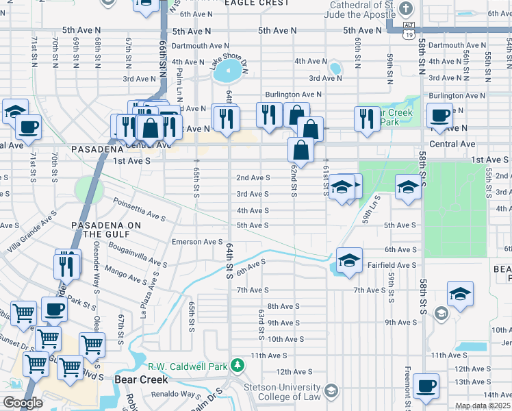 map of restaurants, bars, coffee shops, grocery stores, and more near 6311 4th Avenue South in St. Petersburg