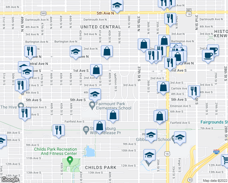 map of restaurants, bars, coffee shops, grocery stores, and more near 313 40th Street South in St. Petersburg