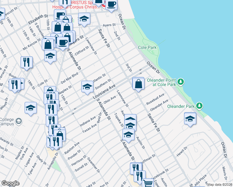 map of restaurants, bars, coffee shops, grocery stores, and more near 330 Ohio Avenue in Corpus Christi