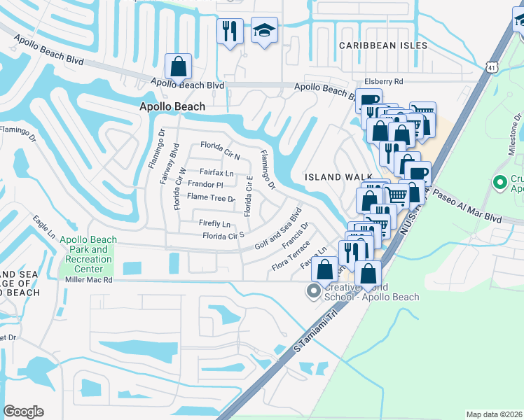 map of restaurants, bars, coffee shops, grocery stores, and more near 6220 Florida Drive in Apollo Beach