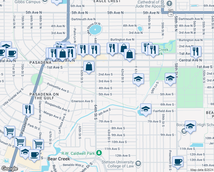 map of restaurants, bars, coffee shops, grocery stores, and more near 6282 3rd Avenue South in St. Petersburg