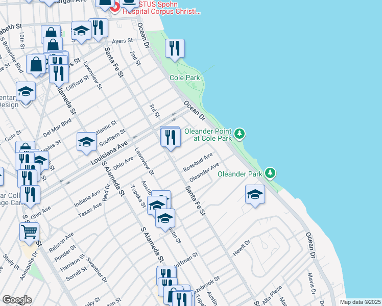 map of restaurants, bars, coffee shops, grocery stores, and more near 214 Leming Avenue in Corpus Christi