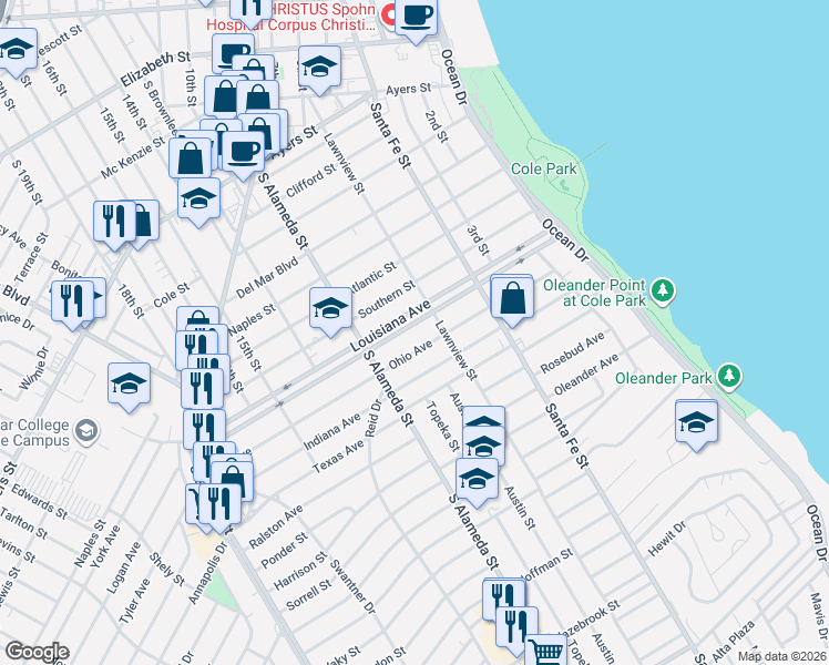 map of restaurants, bars, coffee shops, grocery stores, and more near 409 Louisiana Avenue in Corpus Christi