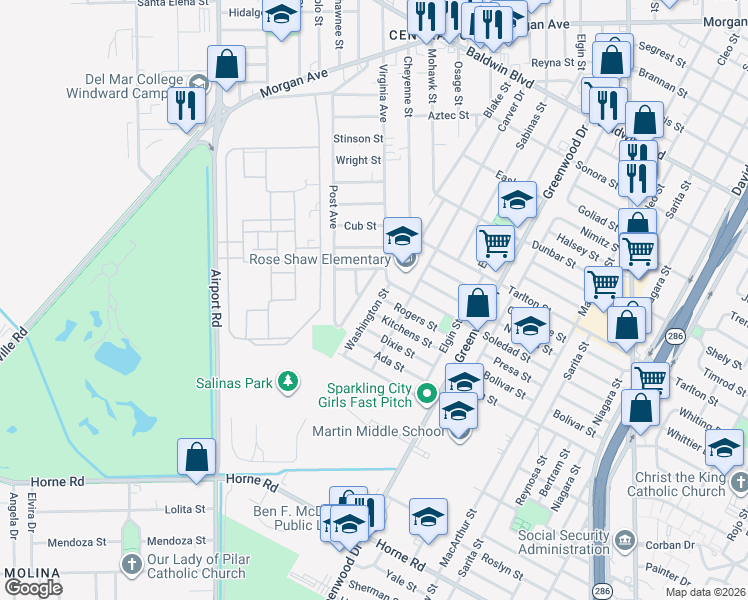 map of restaurants, bars, coffee shops, grocery stores, and more near 3201 Washington Street in Corpus Christi