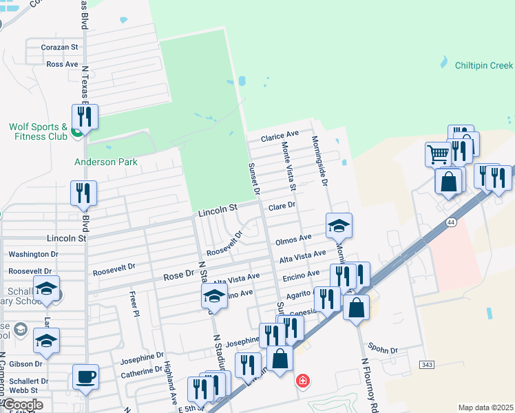 map of restaurants, bars, coffee shops, grocery stores, and more near 1800 Walker Drive in Alice