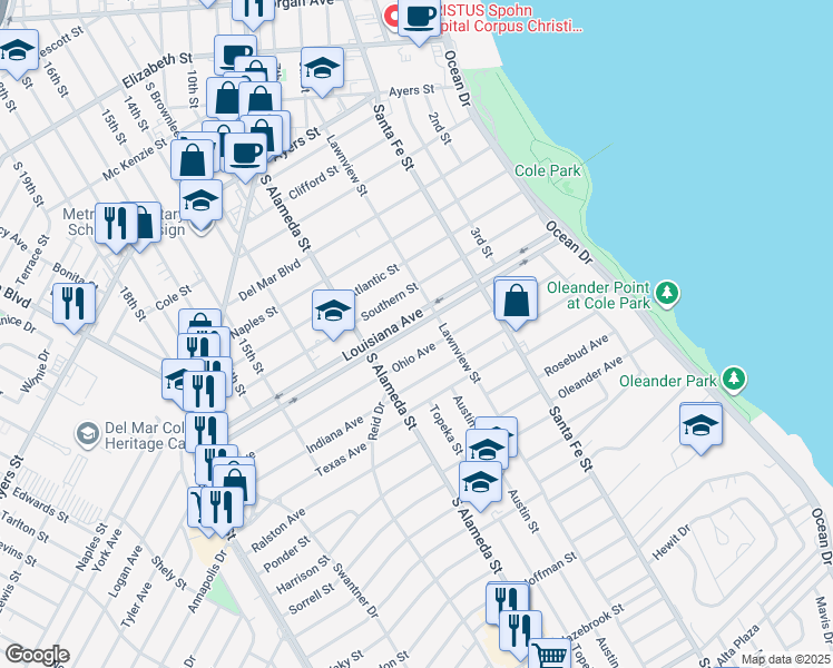 map of restaurants, bars, coffee shops, grocery stores, and more near 409 Louisiana Avenue in Corpus Christi